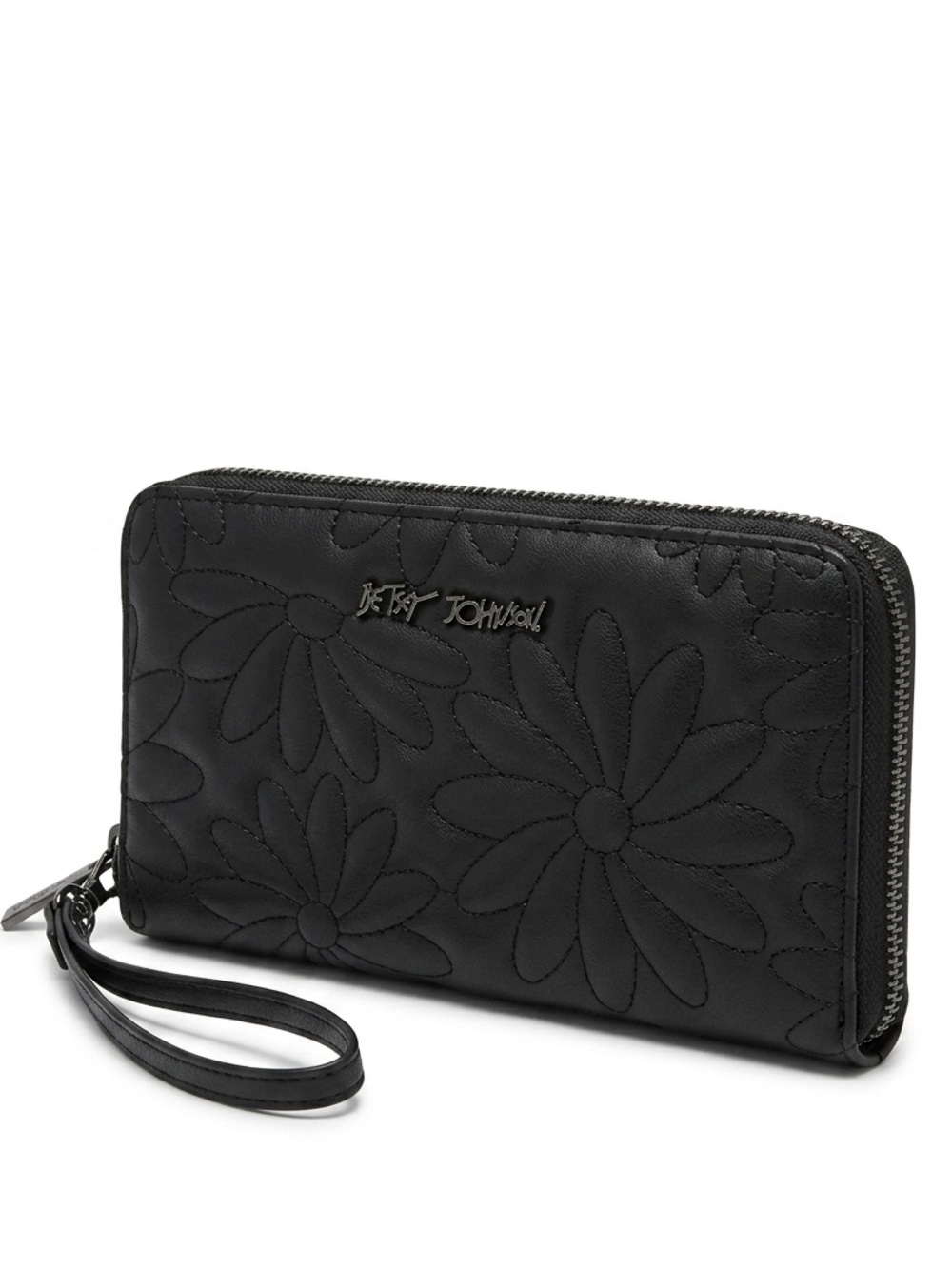 Betsey Johnson Black Daisy Quilted Wallet Wristlet Zip Around Y2K Goth